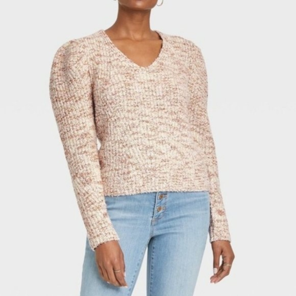 UNIVERSAL THREAD Size Small V-Neck Blush Pink Brown Cream Sweater Puff Sleeve